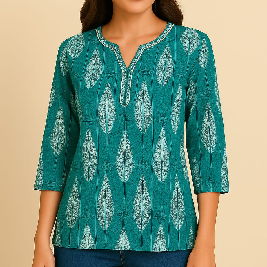 Teal Leaf Print Short Kurti (Cotton Rayon Blend)