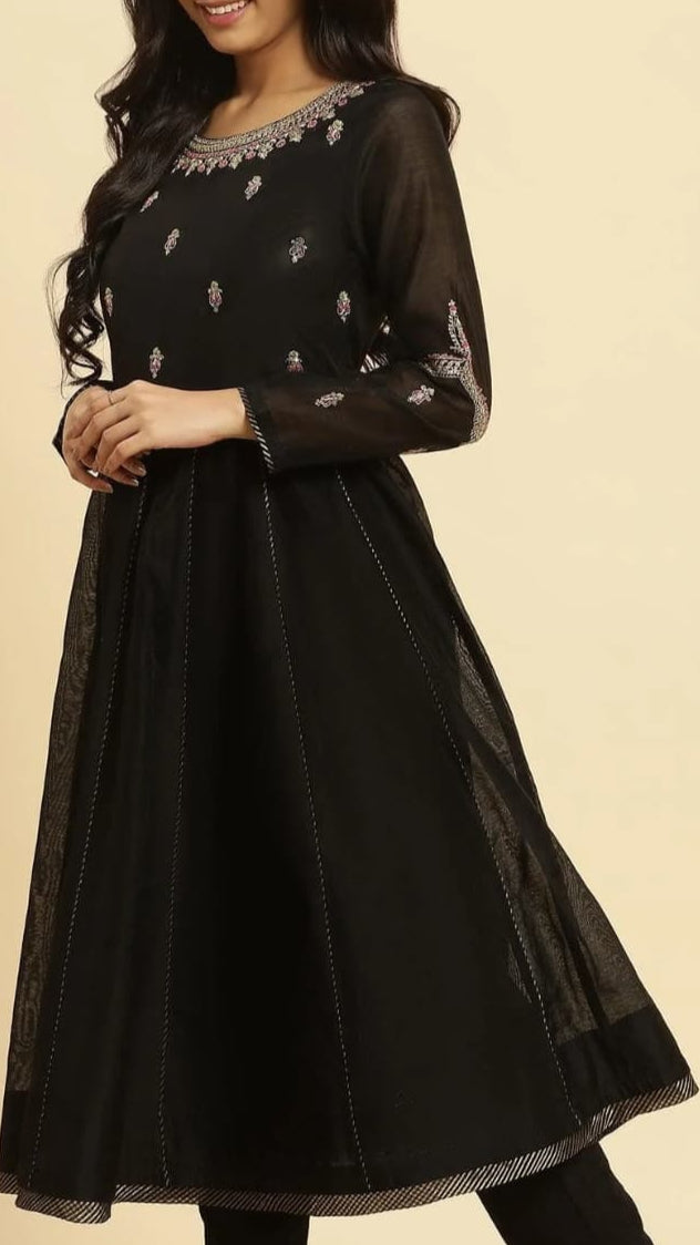 Black Embroidered Kurta, Pants & Dupatta Set