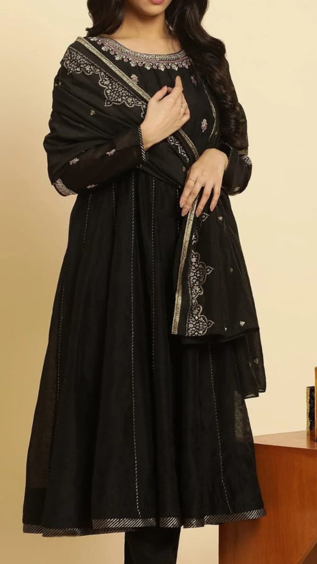 Black Embroidered Kurta, Pants & Dupatta Set