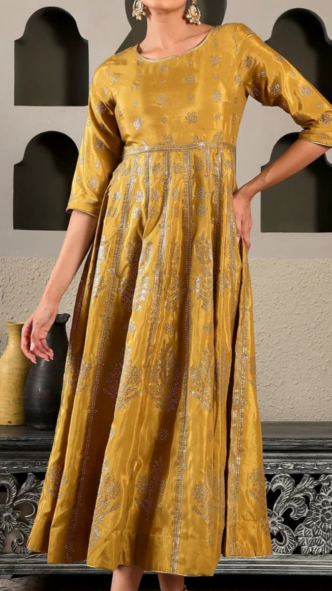Mustard Yellow Anarkali with Silver Print