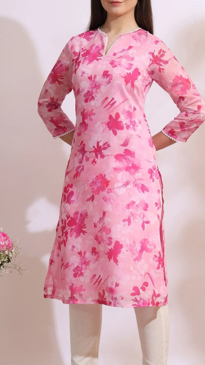 Pink Floral Print Straight Kurti