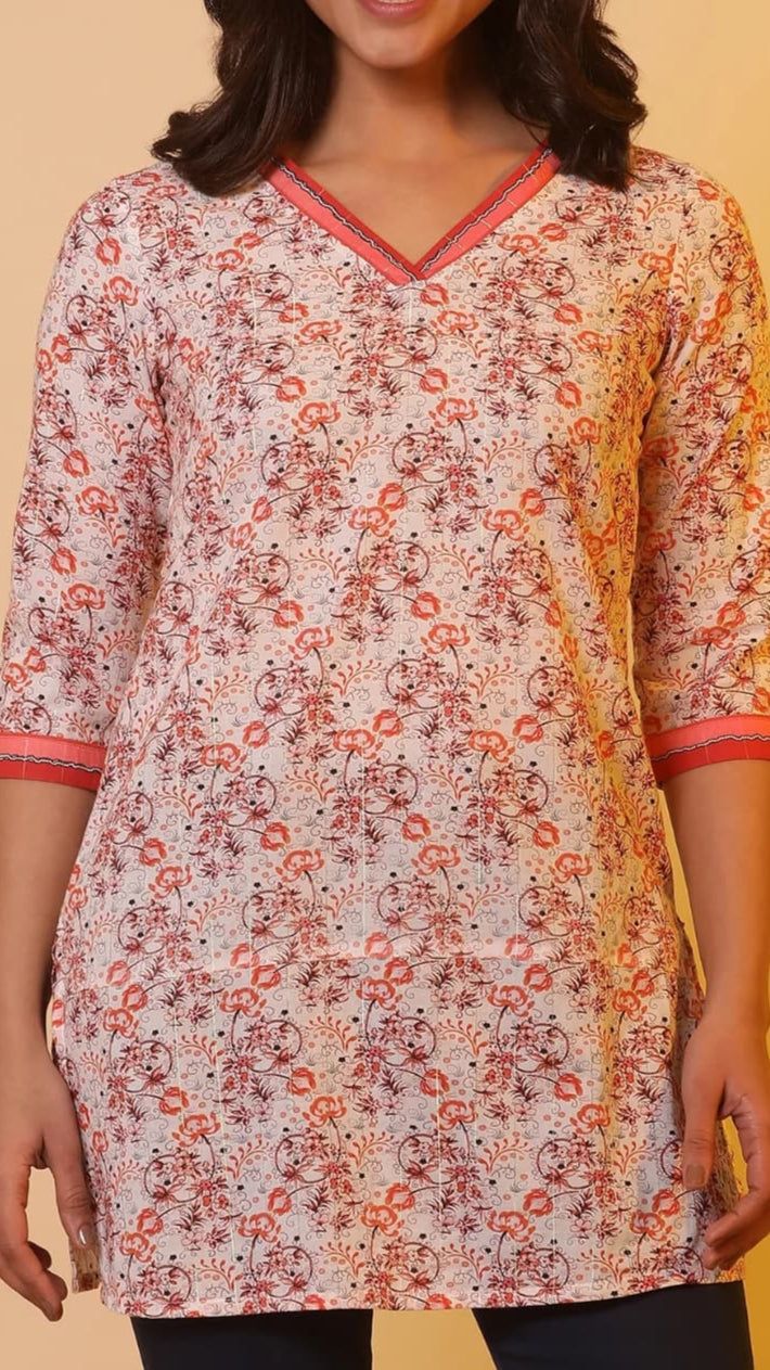 Floral V-Neck Printed Cotton Kurti – Peach & Maroon