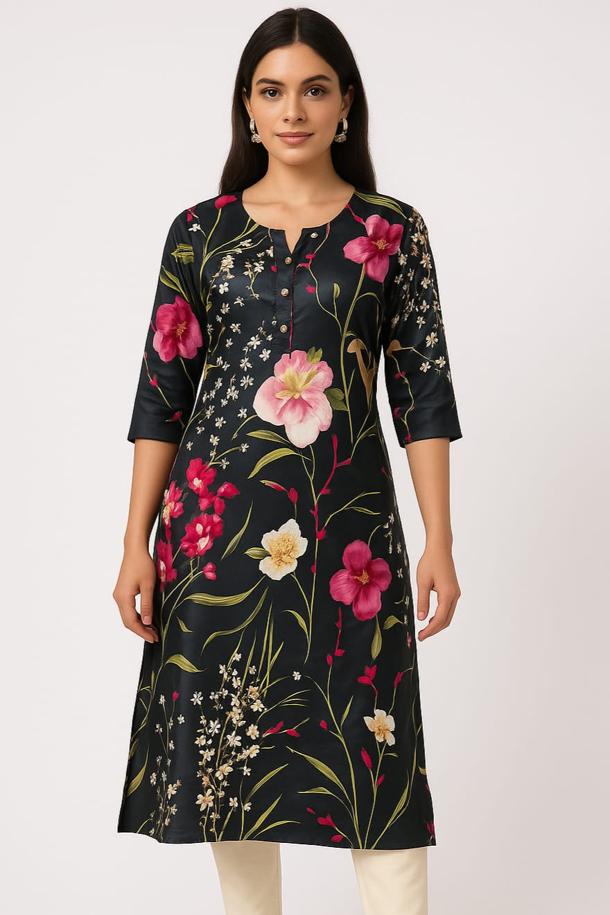 Premium Satin Floral Kurti - Elegant Black with Pink Flowers (3/4 Sleeves)