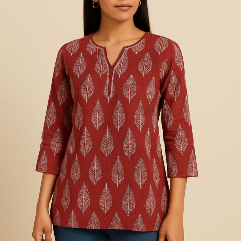 Maroon Leaf Print Short Kurti (Cotton Rayon Blend)