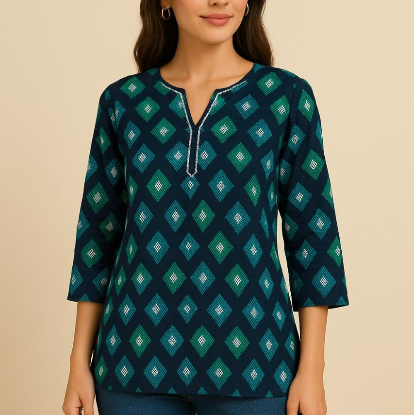 Navy Blue Geometric Print Short Kurti – Cotton Rayon Blend