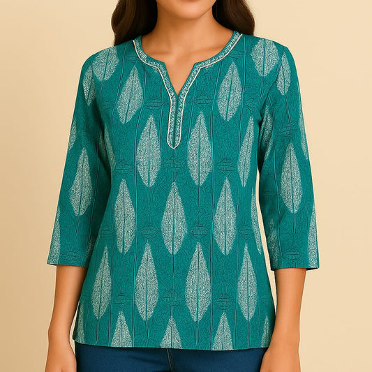Teal Leaf Print Short Kurti (Cotton Rayon Blend)
