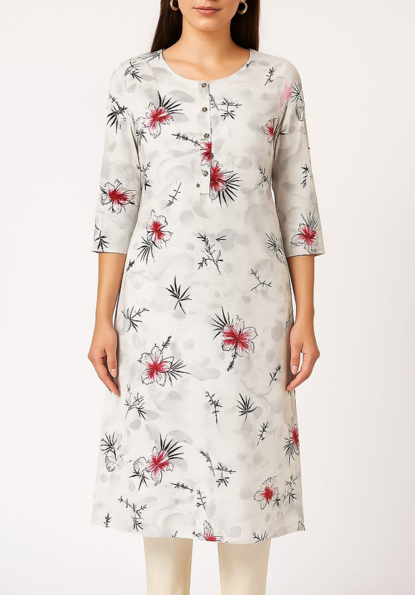 White Floral Straight Kurti (Cotton Blend | Everyday Elegance)