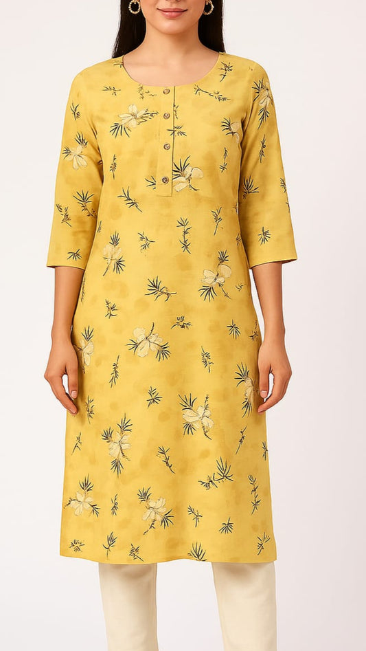 Yellow Floral Straight Kurti (Knee-Length | Cotton Blend)
