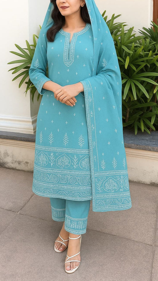 Serenity Blue Embroidered Cotton Suit Set
