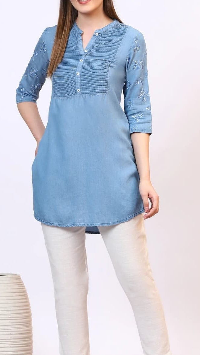 Pastel Blue Embroidered Cotton Kurti