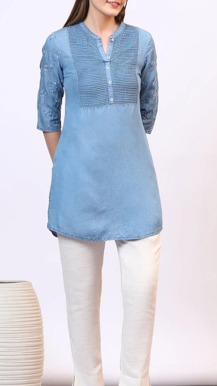 Pastel Blue Embroidered Cotton Kurti