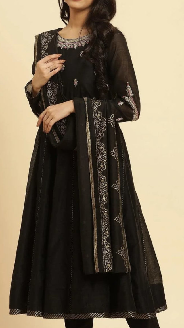Black Embroidered Kurta, Pants & Dupatta Set