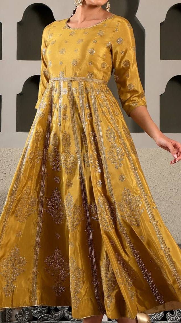 Mustard Yellow Anarkali with Silver Print