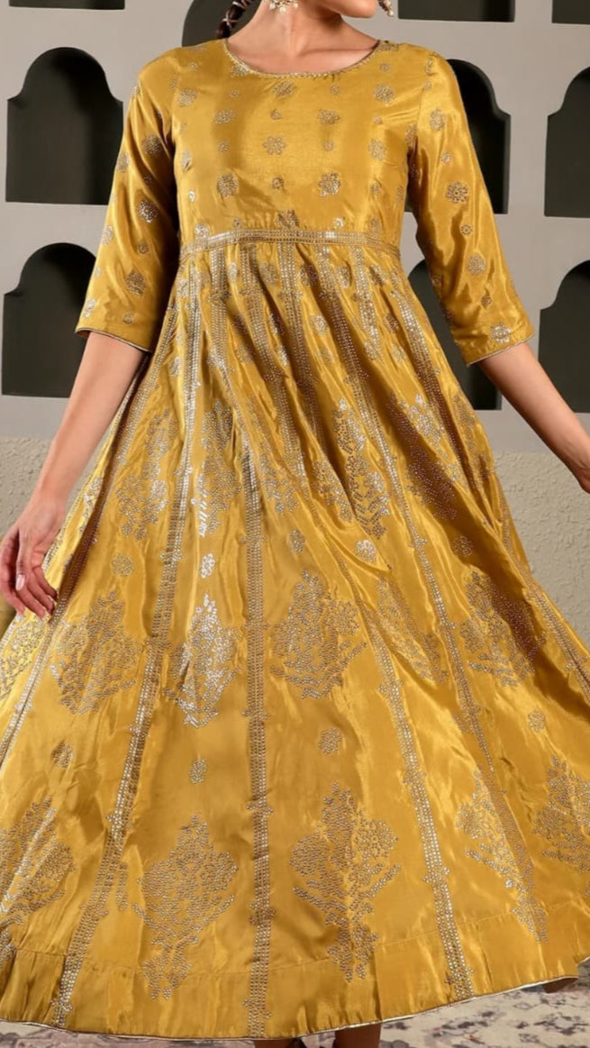 Mustard Yellow Anarkali with Silver Print