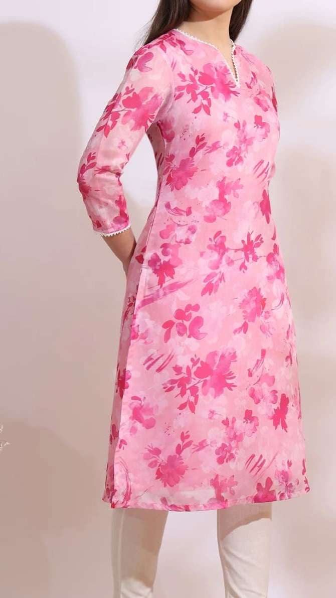 Pink Floral Print Straight Kurti