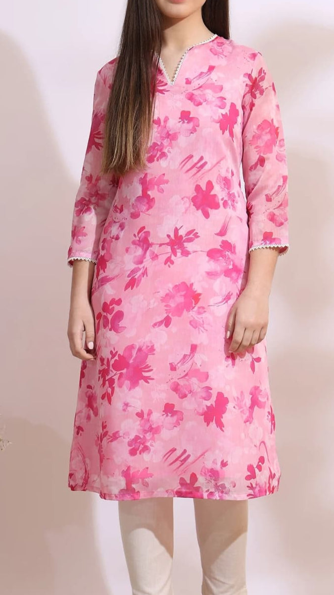 Pink Floral Print Straight Kurti