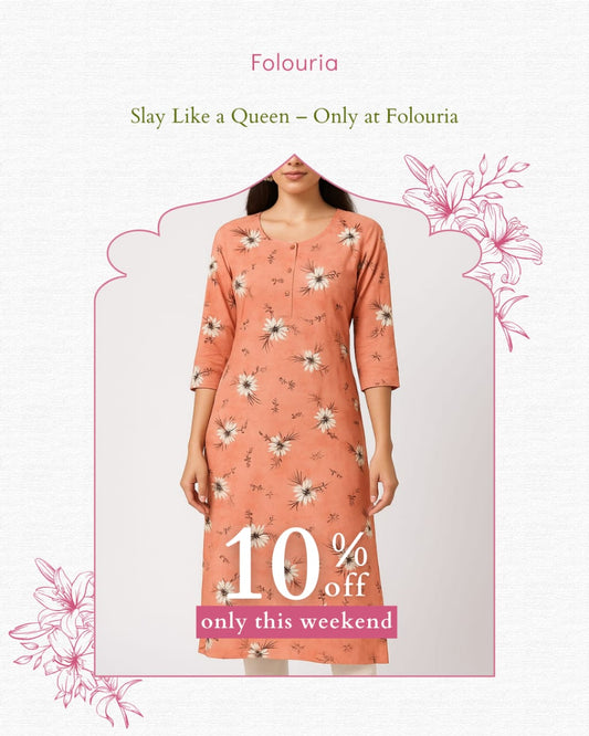 Women's Peach Floral Rayon-Cotton Kurti - Budget Buy