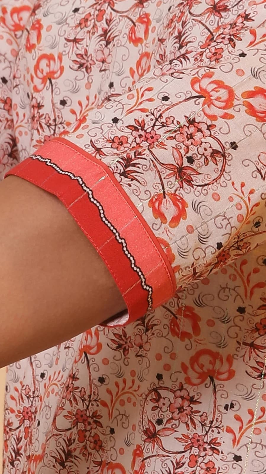 Floral V-Neck Printed Cotton Kurti – Peach & Maroon