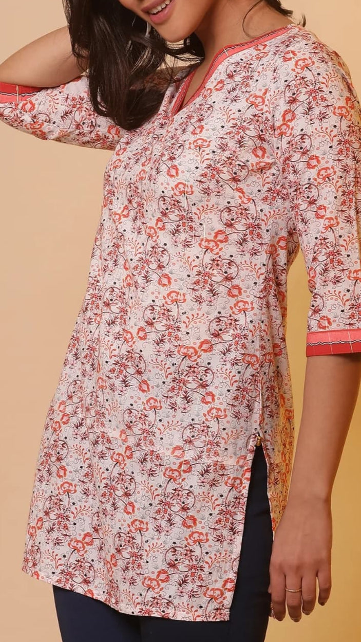 Floral V-Neck Printed Cotton Kurti – Peach & Maroon