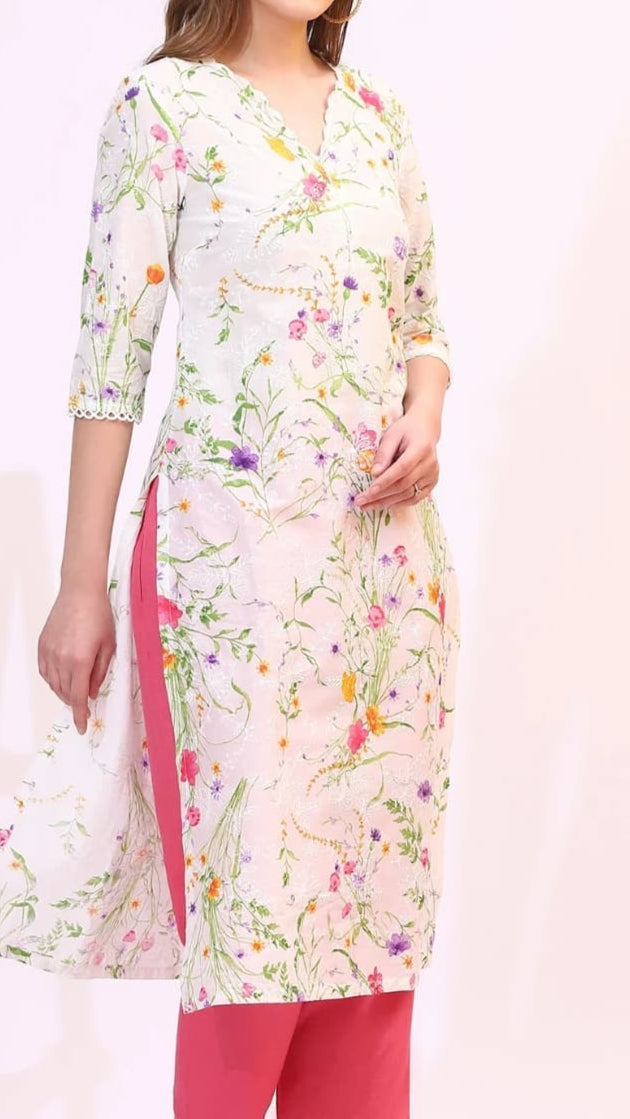 Floral Print White A-Line Kurti