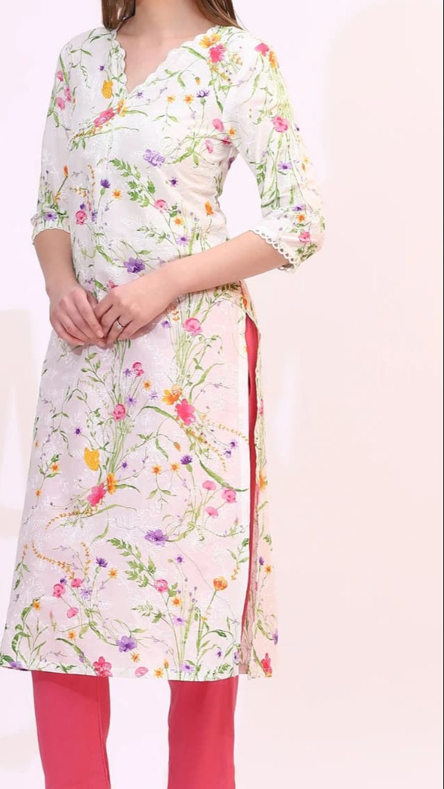 Floral Print White A-Line Kurti