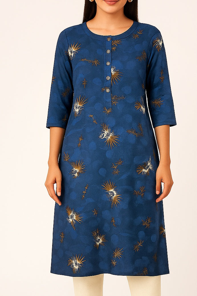 Royal Blue Indigo Printed Straight Kurti – Folouria Basics